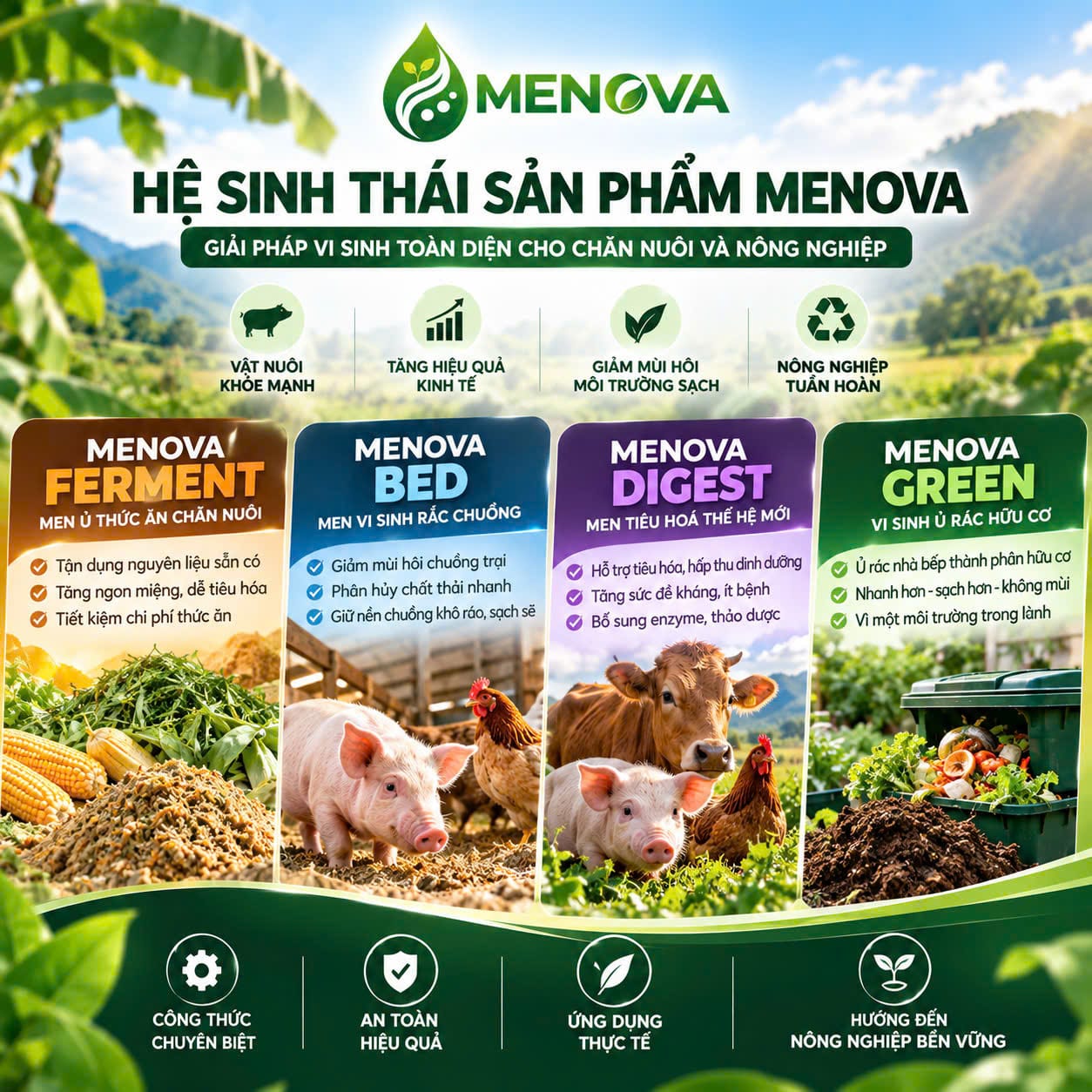 Hệ sinh thái sản phẩm MENOVA: FERMENT ủ thức ăn, BED rắc chuồng, DIGEST hỗ trợ tiêu hoá, GREEN ủ rác hữu cơ